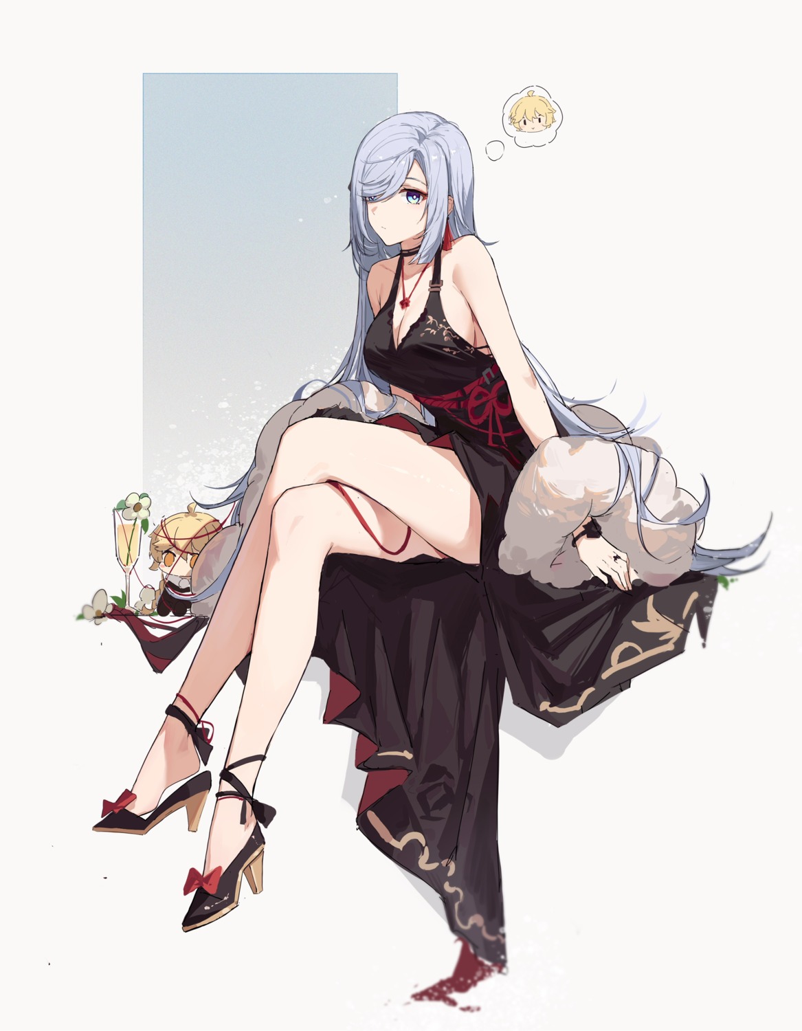 chibi cleavage dress genshin_impact heels no_bra shenhe sketch yajuu