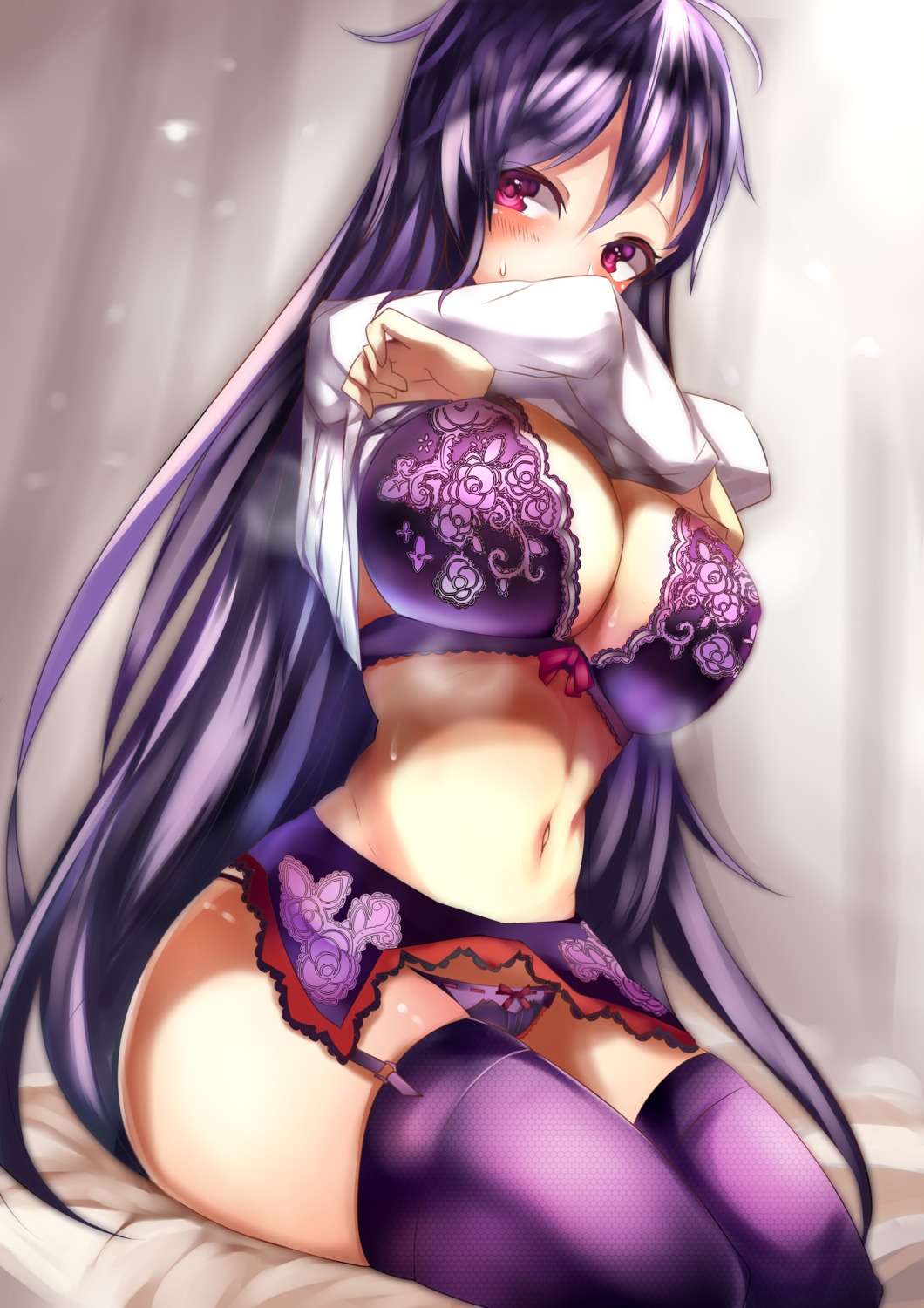 bra cleavage garter_belt pantsu shirt_lift stockings tea_texiamato thighhighs undressing