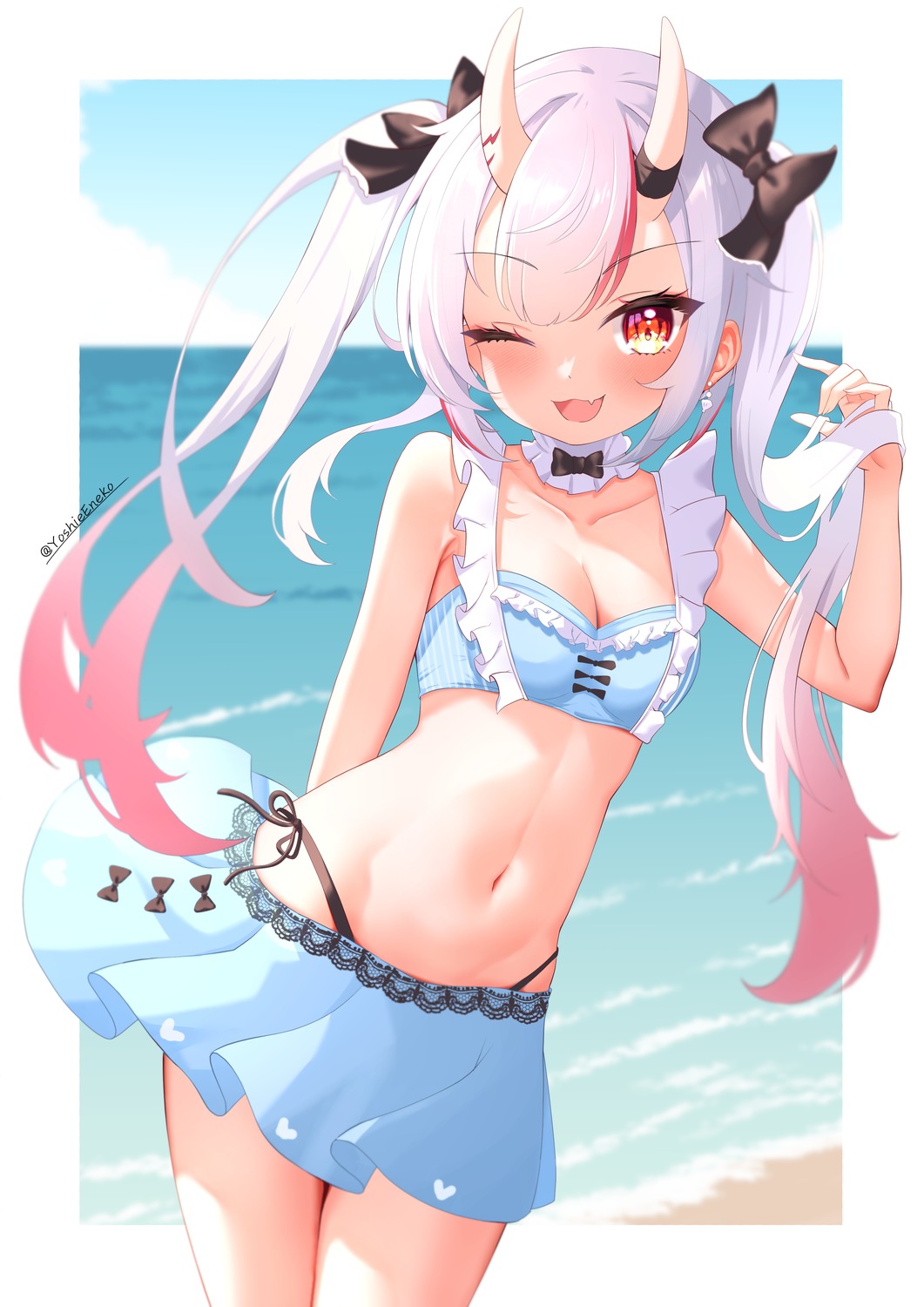 bikini hololive horns nakiri_ayame skirt_lift swimsuits yoshie_eneko