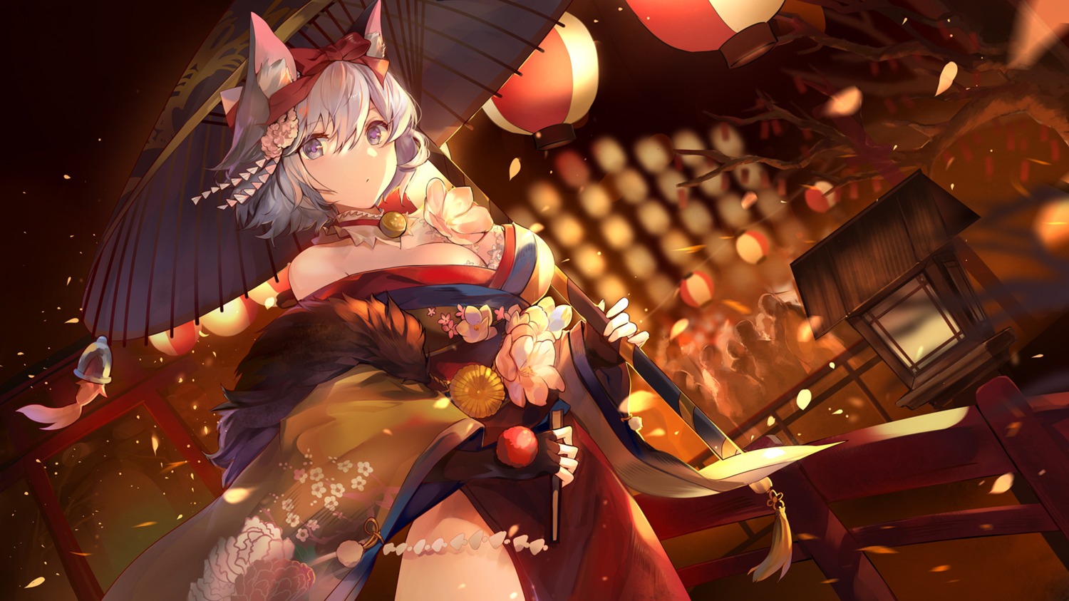 animal_ears japanese_clothes kita_(kitairoha) masterwork_apocalypse no_bra open_shirt umbrella