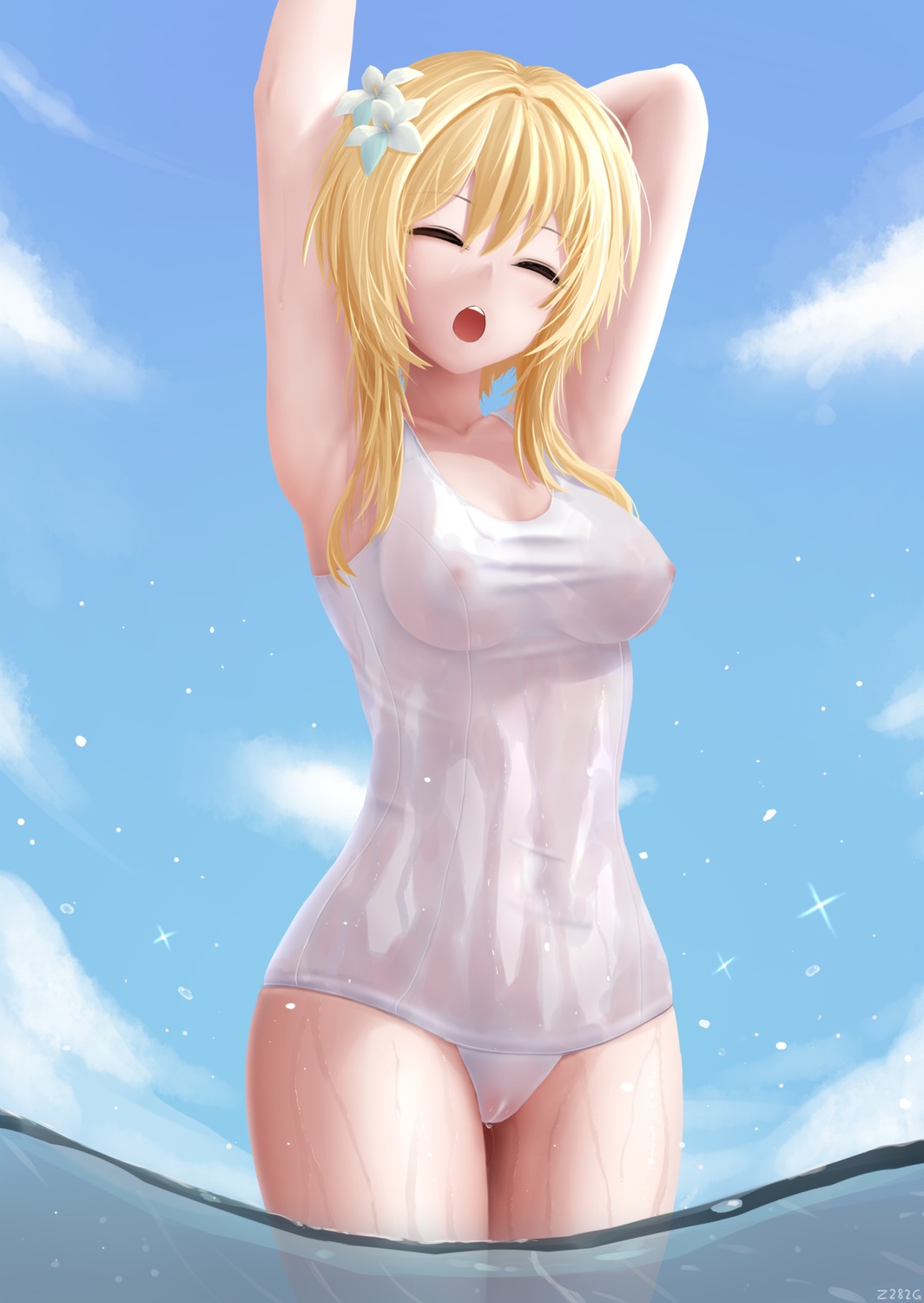 cameltoe genshin_impact lumine nipples school_swimsuit see_through swimsuits wet wet_clothes z282g