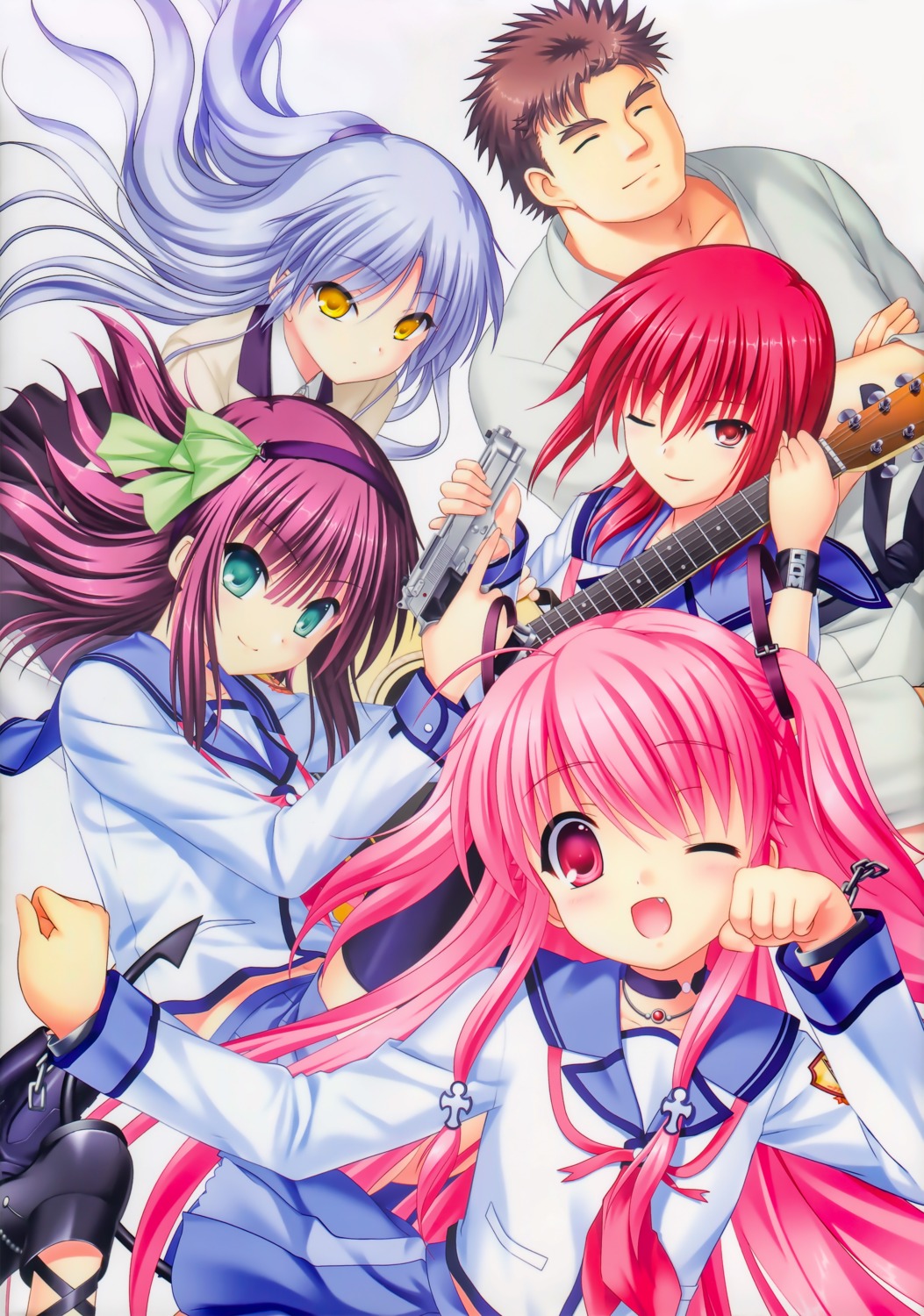 angel_beats! guitar gun iwasawa_masami japanese_clothes key matsushita_godan na-ga nakamura_yuri seifuku tachibana_kanade yoshioka_yui