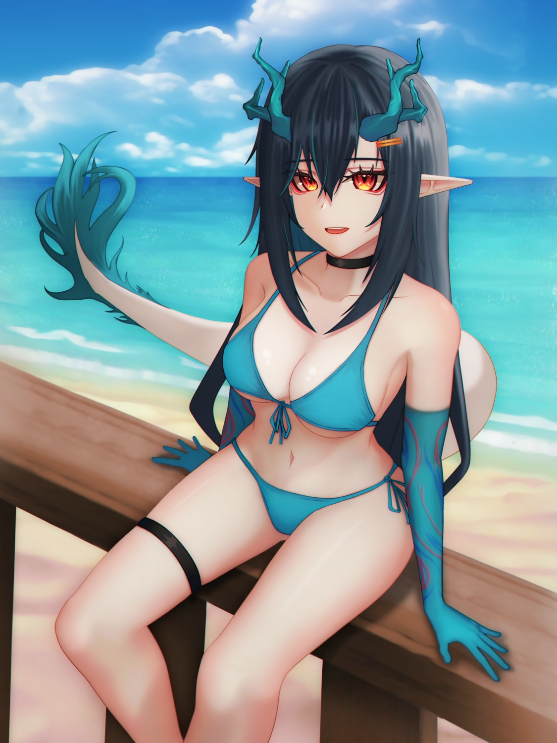 absurd_fox arknights bikini dusk_(arknights) garter horns pointy_ears swimsuits tail