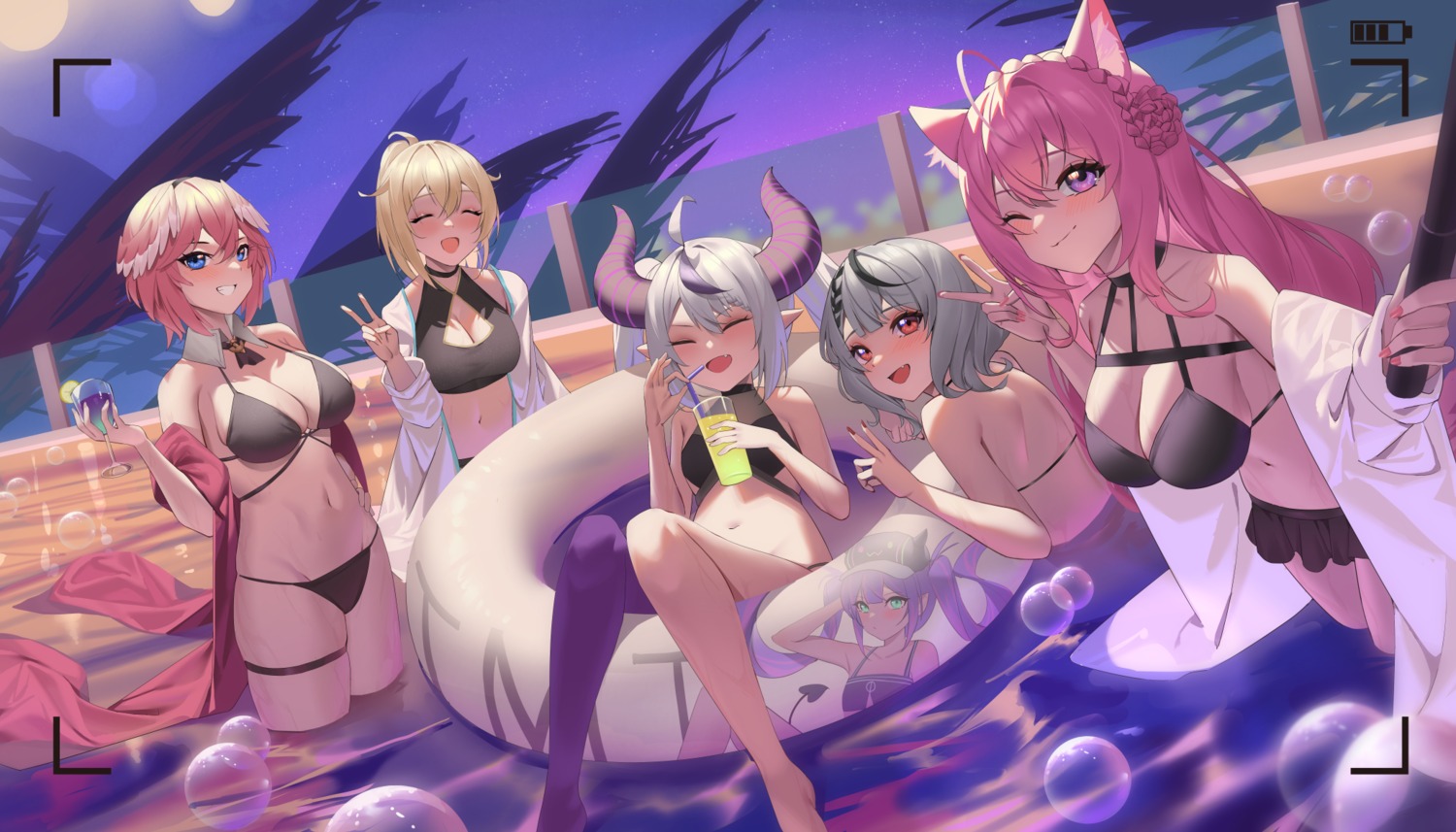 animal_ears bikini cleavage devil hakui_koyori hololive horns jmao kazama_iroha la+_darknesss loli open_shirt pointy_ears sakamata_chloe selfie swimsuits takane_lui tokoyami_towa wet wings