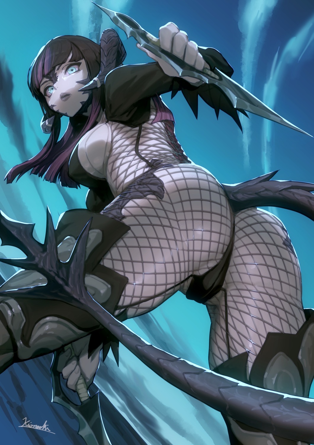 ass bodysuit final_fantasy final_fantasy_xiv fishnets horns kio_naoki pantsu tail thighhighs thong weapon