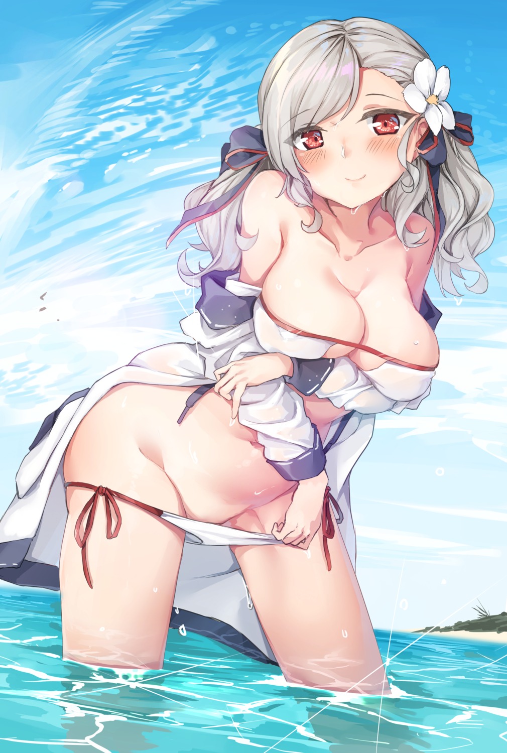 bikini breast_hold girls_frontline hansallin open_shirt panty_pull spas-12_(girls_frontline) swimsuits undressing wet