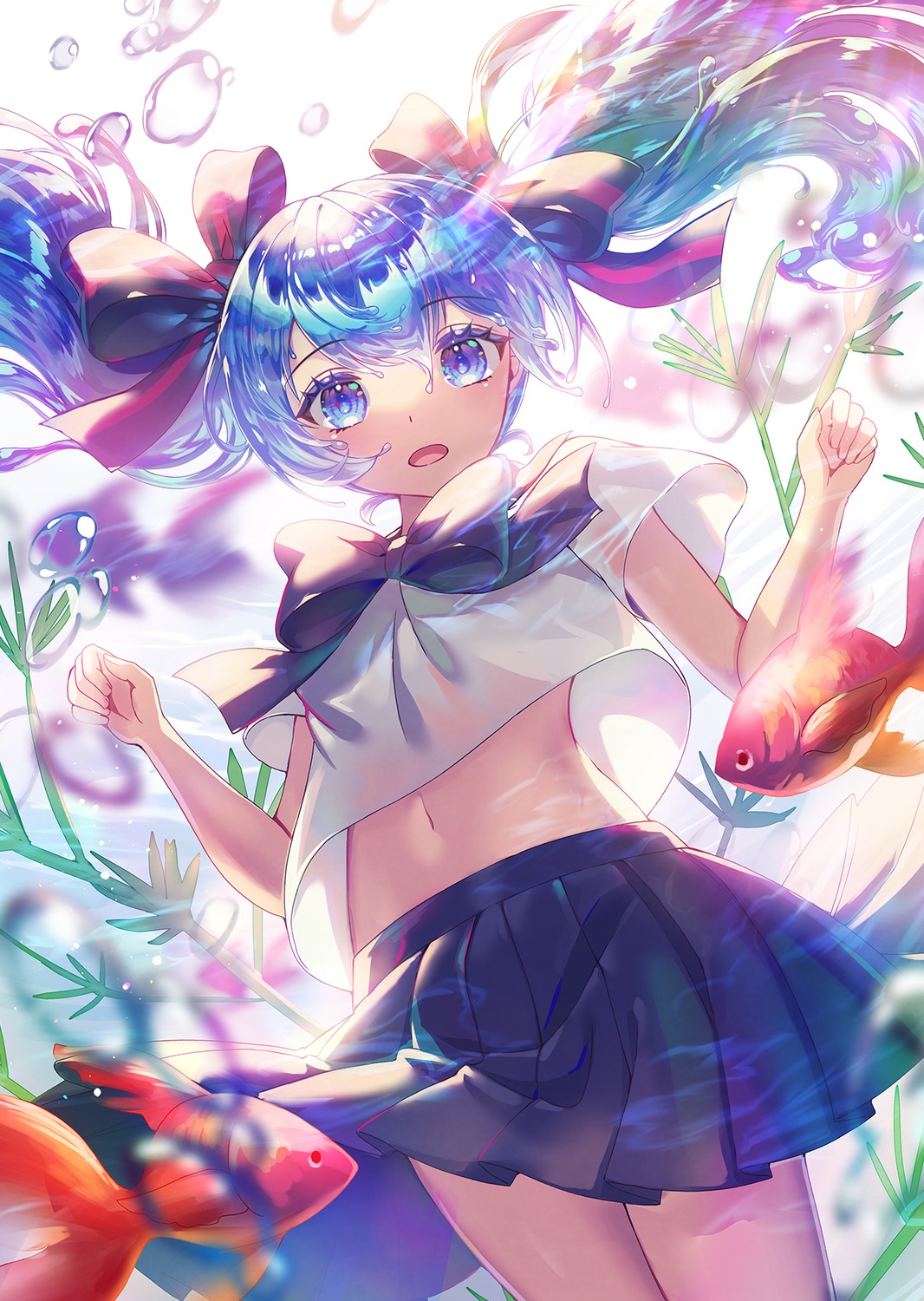 bottle_miku hatsune_miku raymond_busujima see_through seifuku skirt_lift vocaloid wet