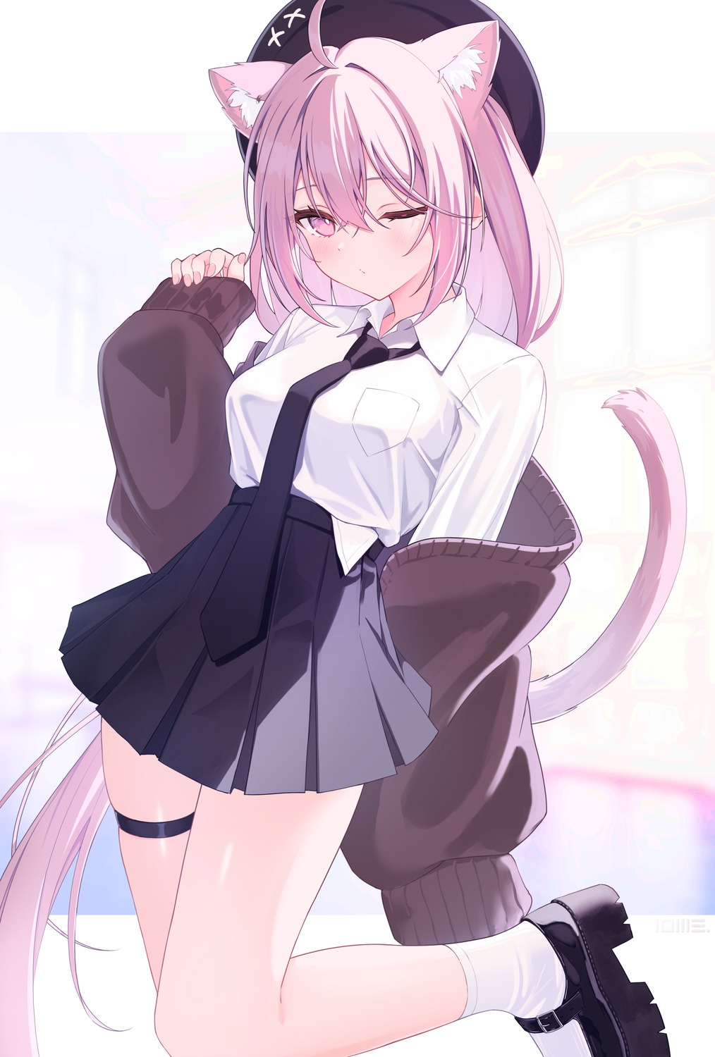 animal_ears garter lows. nekomimi seifuku sweater tail