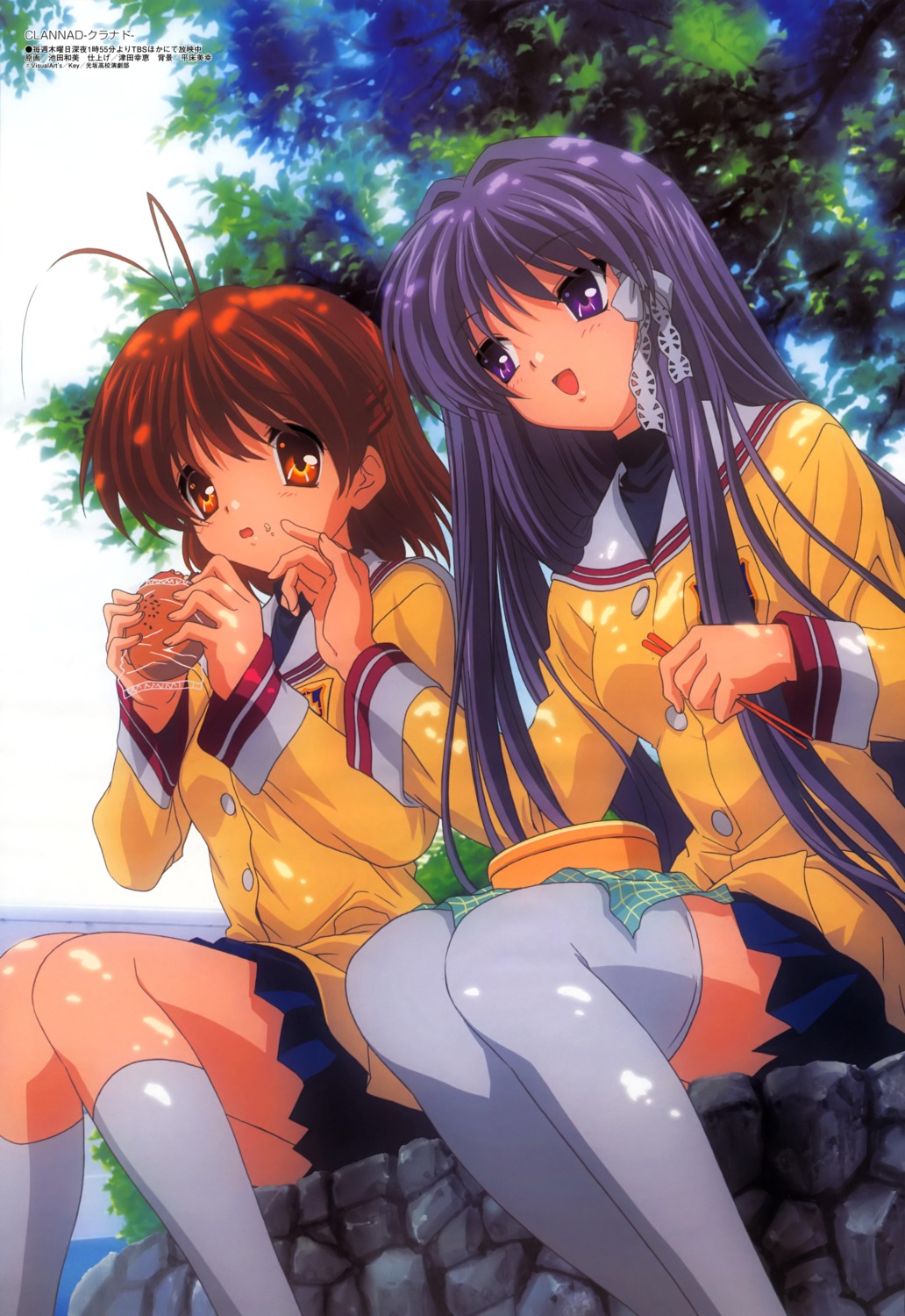 clannad fujibayashi_kyou furukawa_nagisa ikeda_kazumi seifuku thighhighs