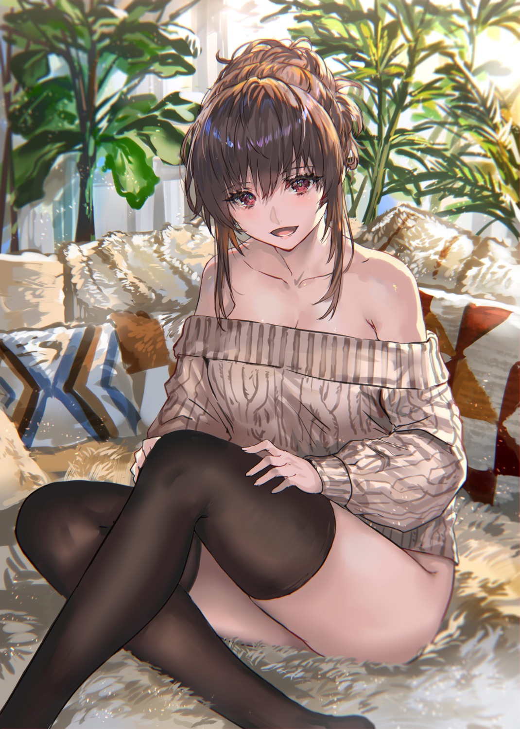 bottomless no_bra ranou sweater thighhighs