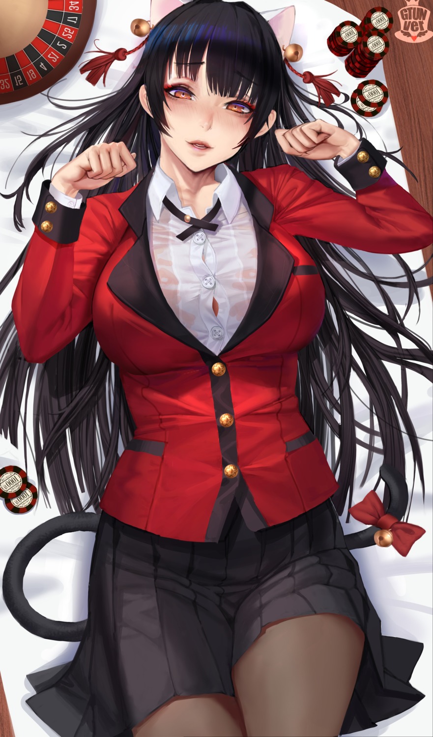 animal_ears gtunver jabami_yumeko kakegurui nekomimi pantyhose see_through seifuku skirt_lift tail wet_clothes