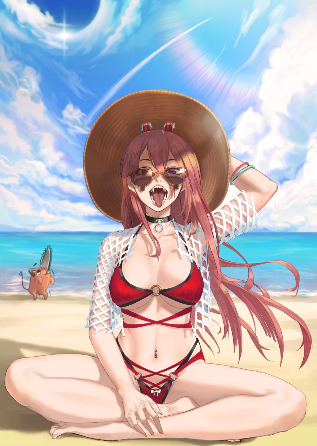 bikini chainsaw_man horns k.pumpkin megane open_shirt power_(chainsaw_man) swimsuits underboob