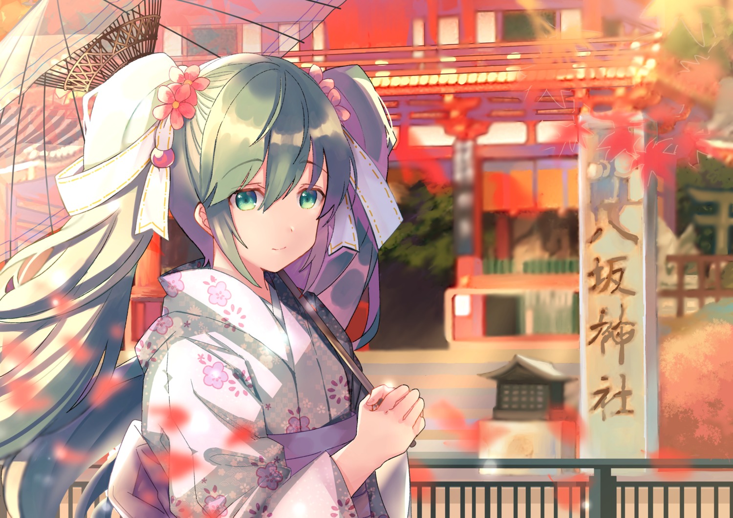 hatsune_miku kimono kyoto_nippon_festival shibaebi_(yasaip_game) umbrella vocaloid