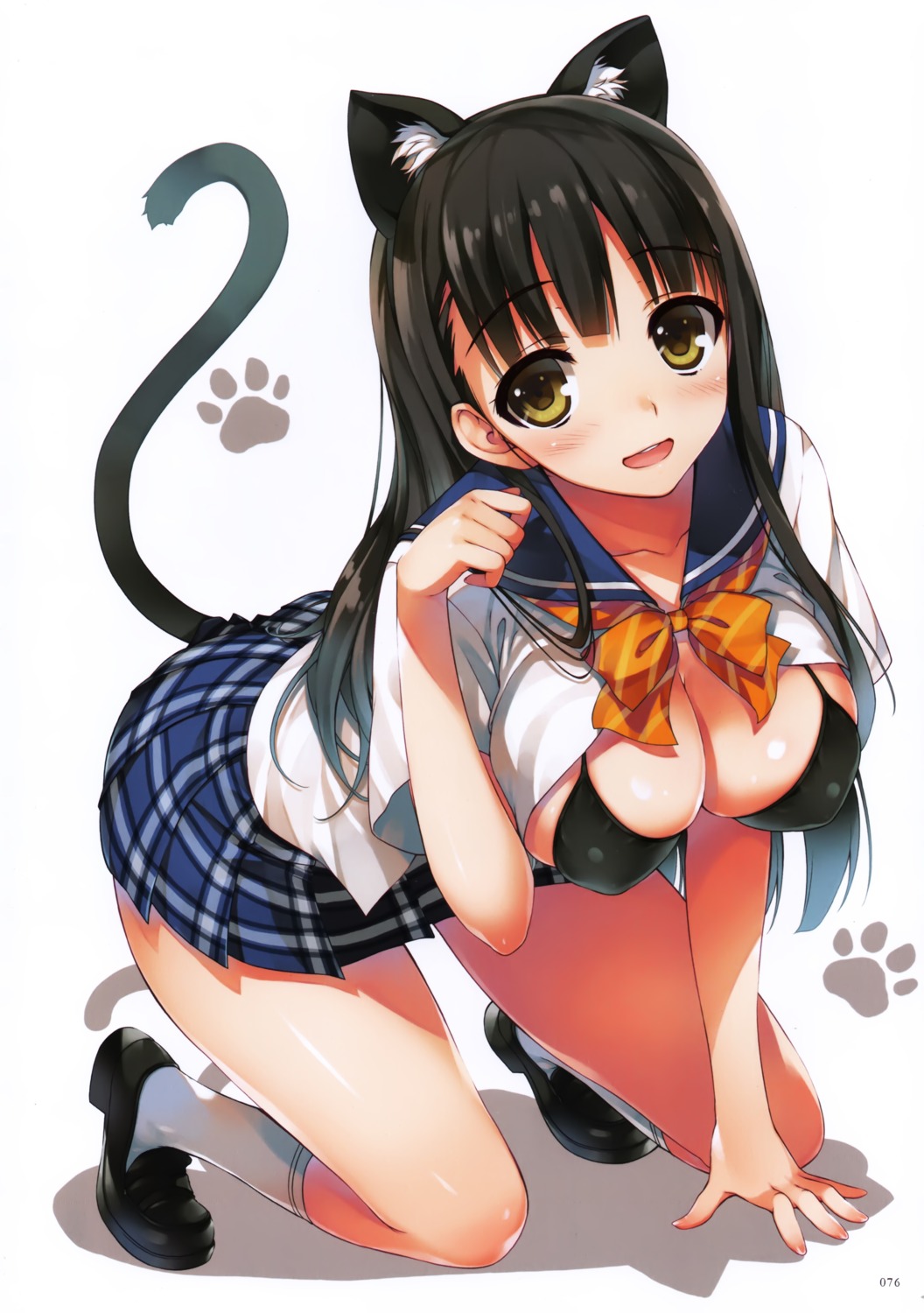 animal_ears bikini cleavage erect_nipples nekomimi open_shirt screening seifuku swimsuits tail tomose_shunsaku