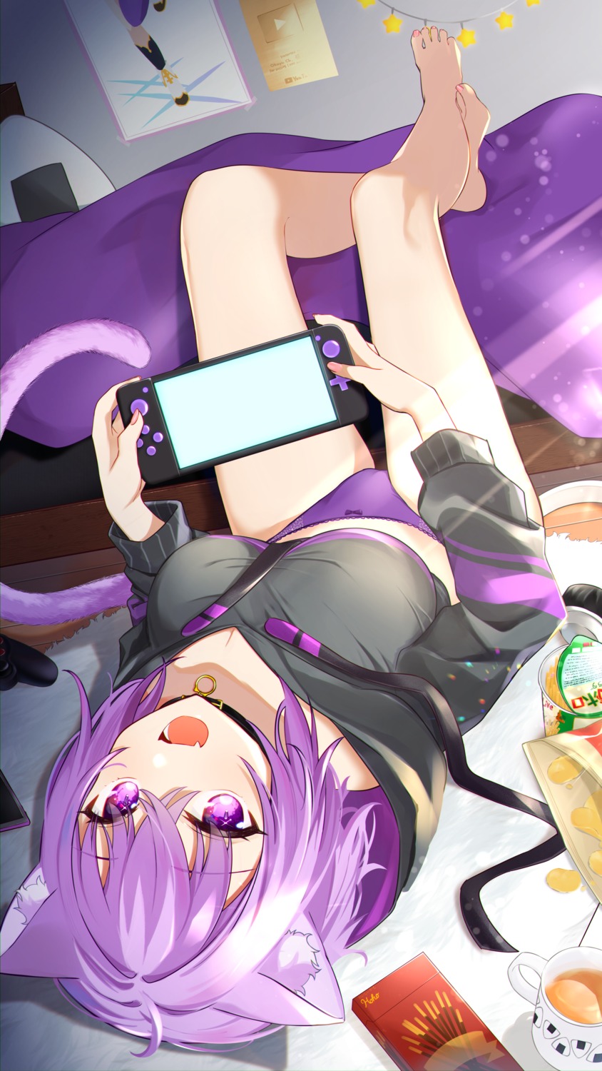 animal_ears cleavage feet hololive hololive_gamers nekomata_okayu nekomimi pantsu shiro_hebi_rei shirt_lift tail