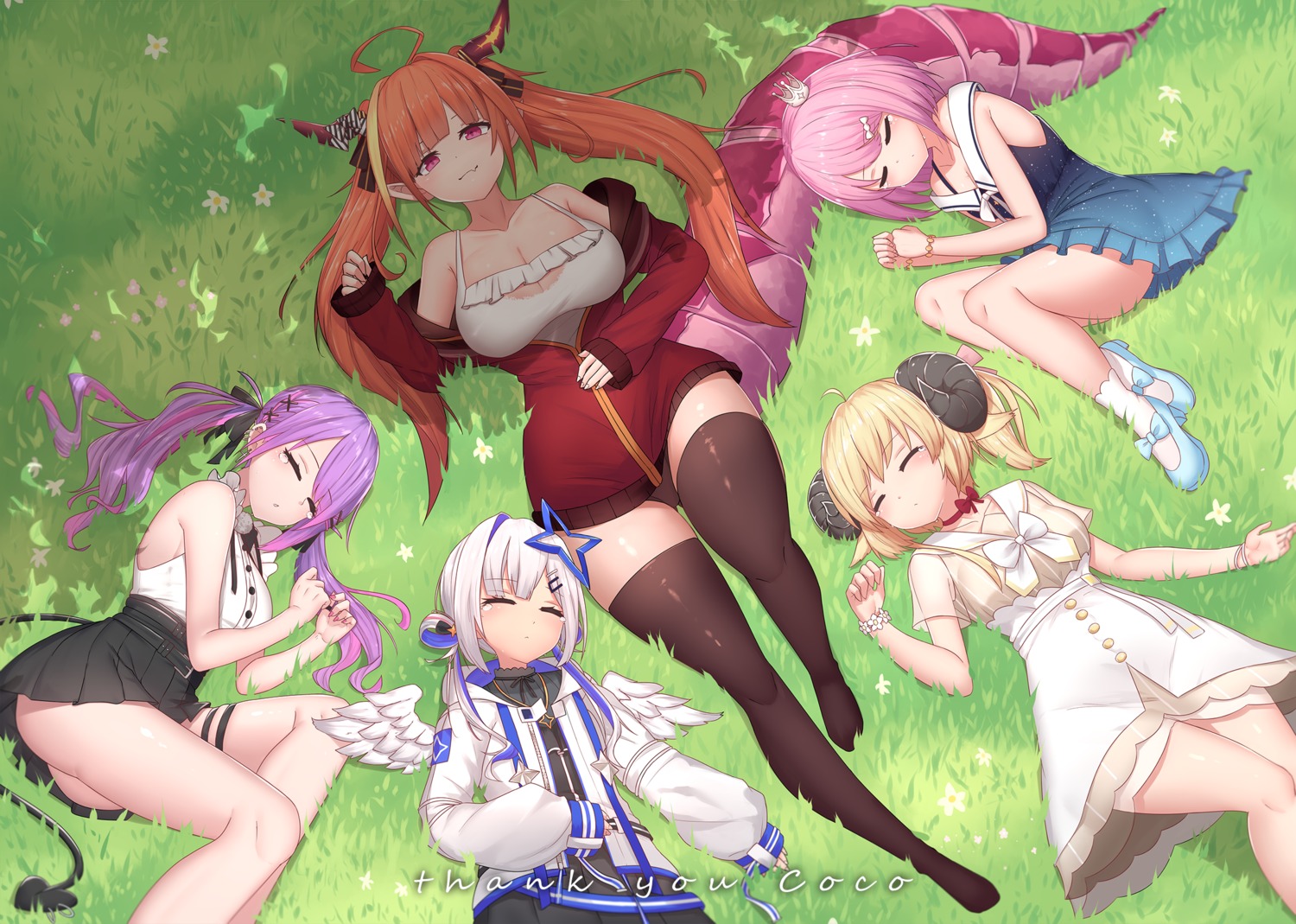 amane_kanata angel animal_ears cleavage dress furi garter himemori_luna hololive horns kiryuu_coco pointy_ears seifuku skirt_lift tail thighhighs tokoyami_towa tsunomaki_watame wings