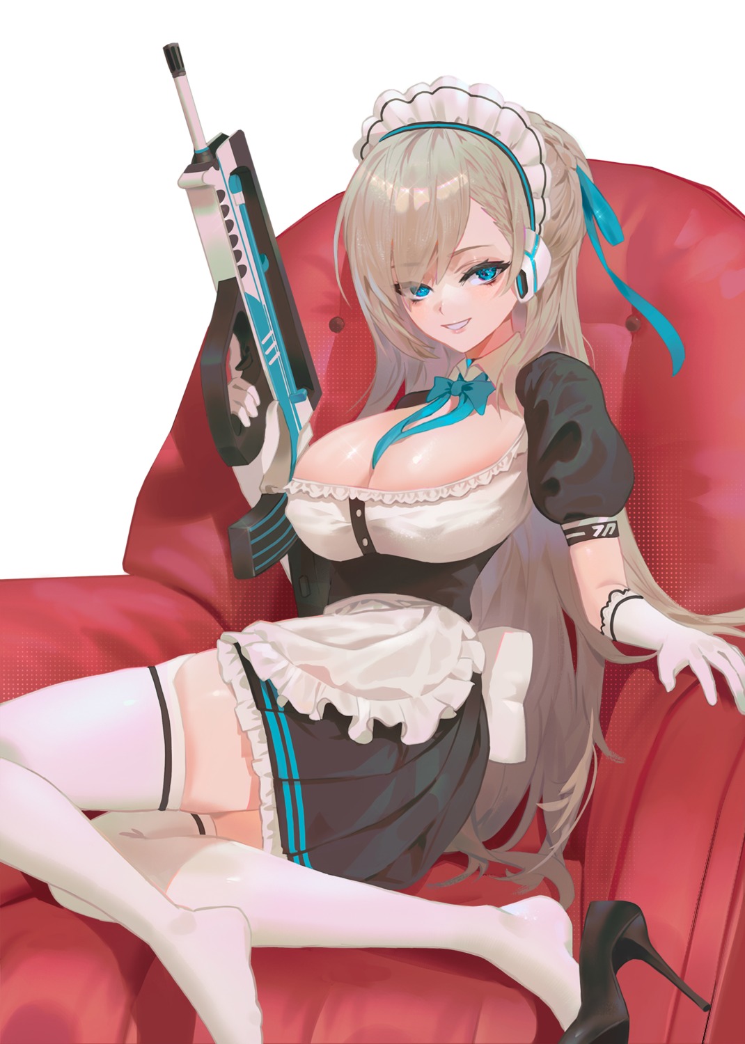 blue_archive cirilla erect_nipples gun heels ichinose_asuna maid no_bra thighhighs