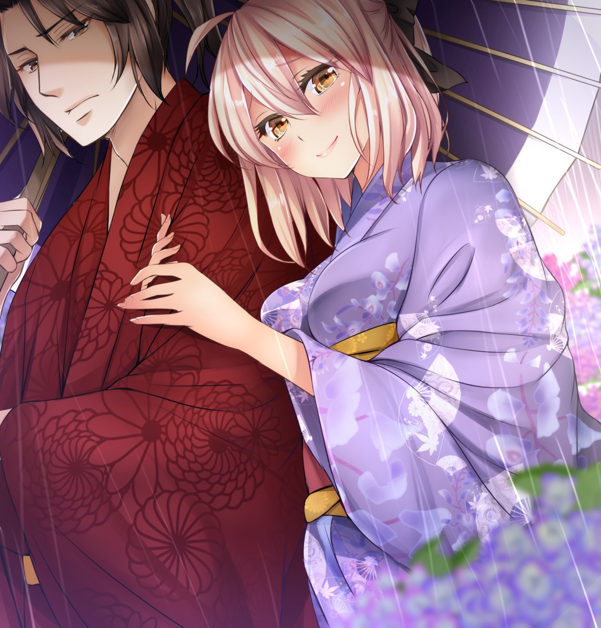 drifters fate/grand_order hijikata_toshizou_(drifters) kimono mia_(gute-nacht-07) okita_souji_(fate) umbrella
