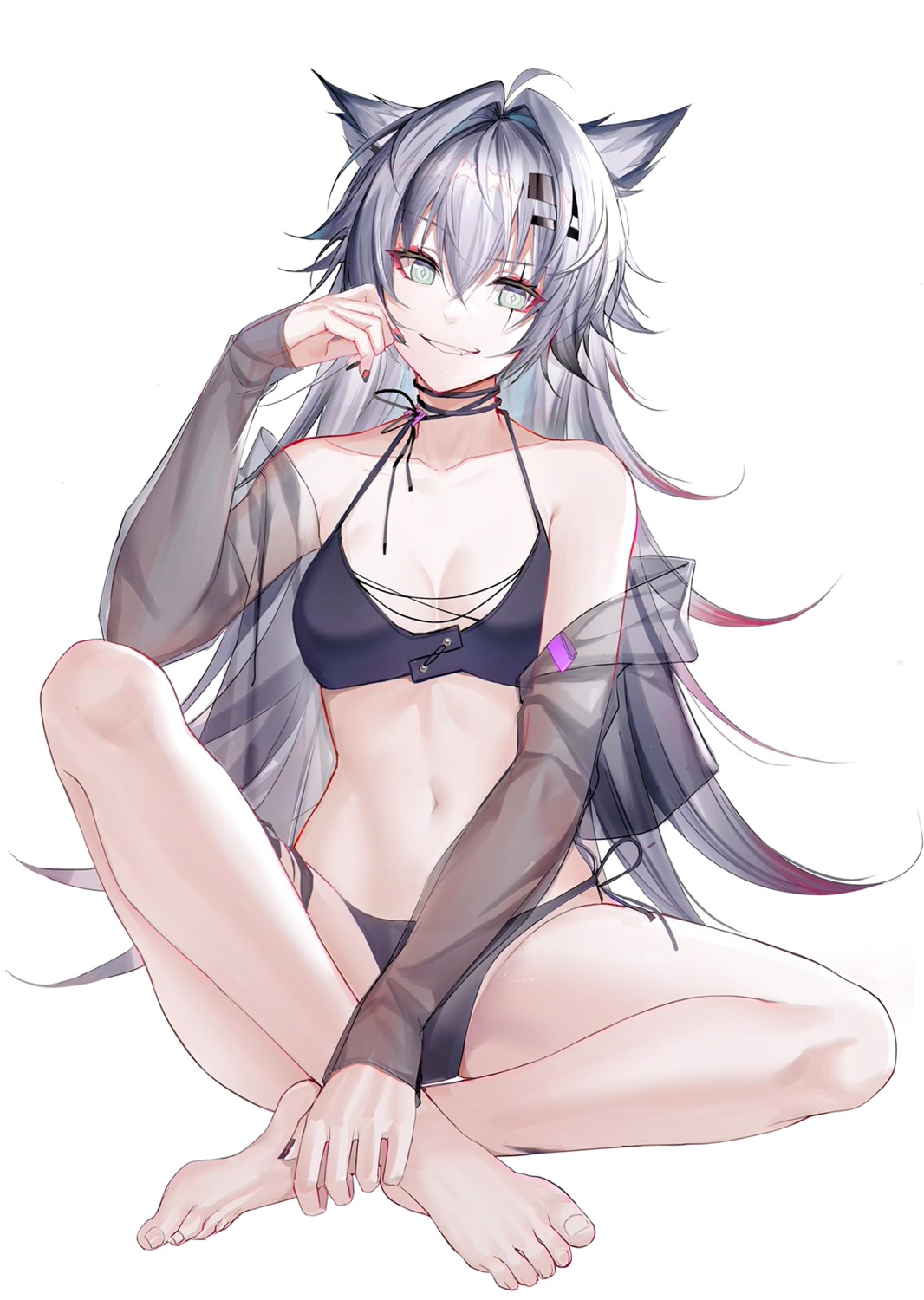 animal_ears arknights bikini kernel_killer lappland_(arknights) open_shirt see_through swimsuits