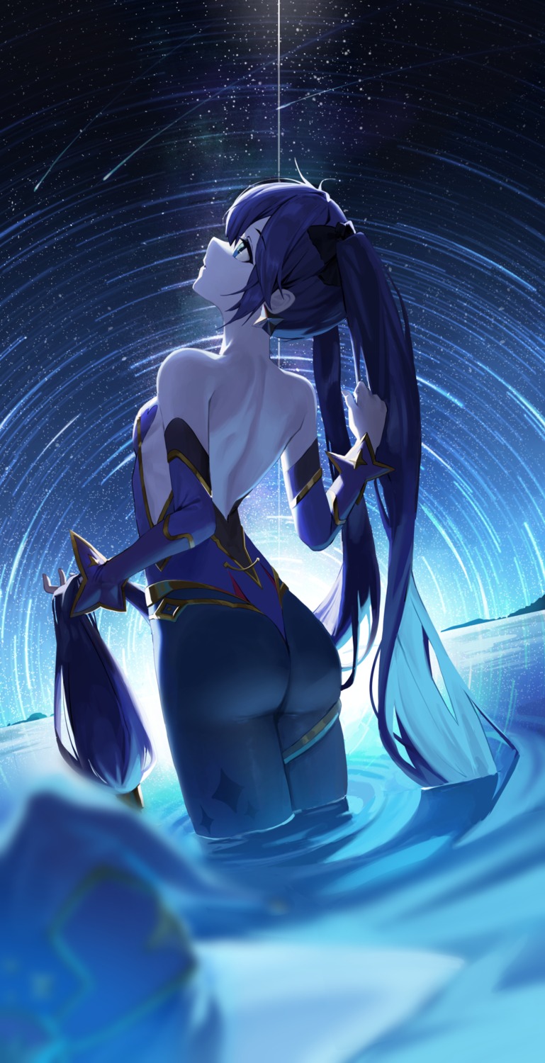 ass garter genshin_impact leotard mansu_(user_pnmp4287) mona_megistus no_bra pantyhose wet