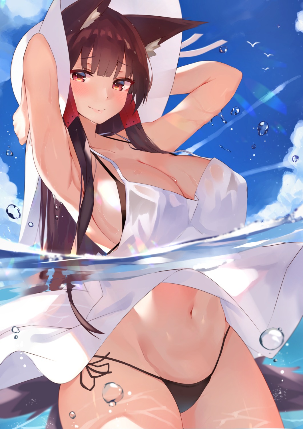 akagi_(azur_lane) animal_ears azur_lane bikini cleavage dress see_through skirt_lift summer_dress swimsuits u_ronnta wet wet_clothes