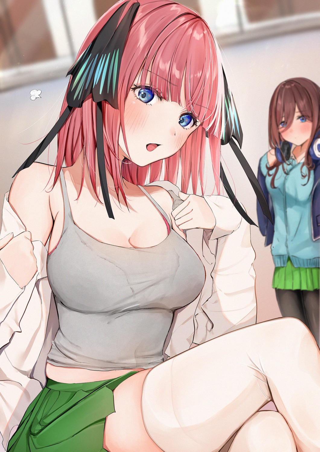 5-toubun_no_hanayome bra headphones nakano_miku nakano_nino pantyhose see_through seifuku skirt_lift sweater thighhighs uiri-na undressing