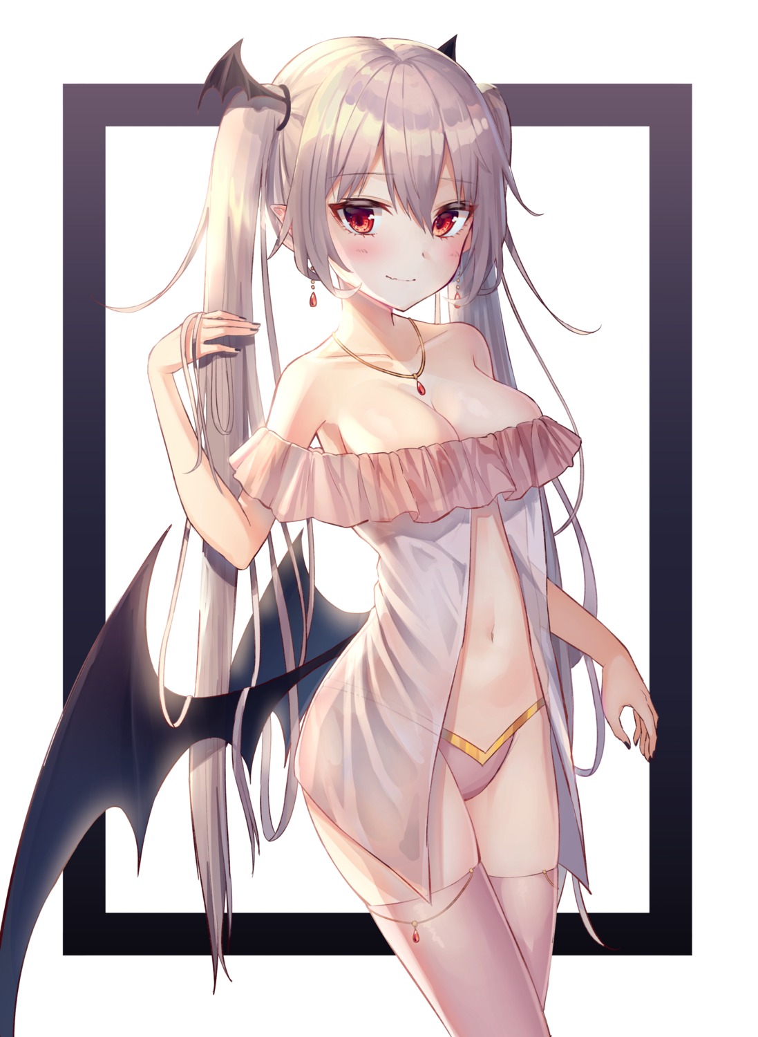 kyubi lingerie pantsu pointy_ears see_through thighhighs wings