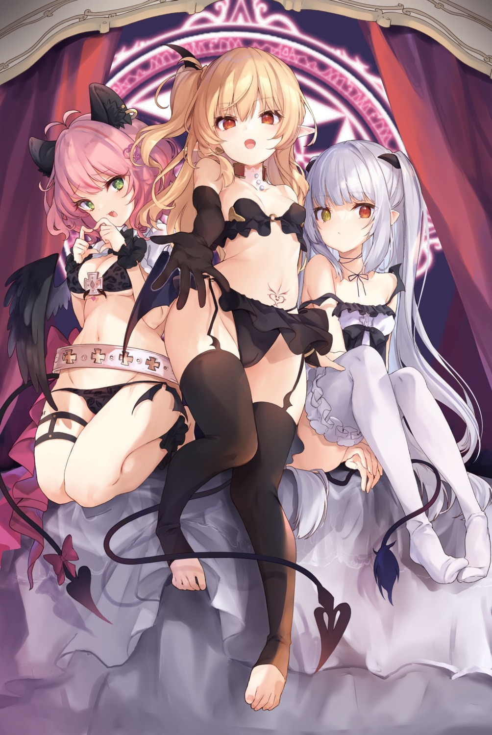 animal_ears bikini_armor cameltoe chloe_lilithtera garter heterochromia horns nekomimi panty_pull pointy_ears stockings tail tamano_kedama tattoo thighhighs tiffany_lilithtera wings