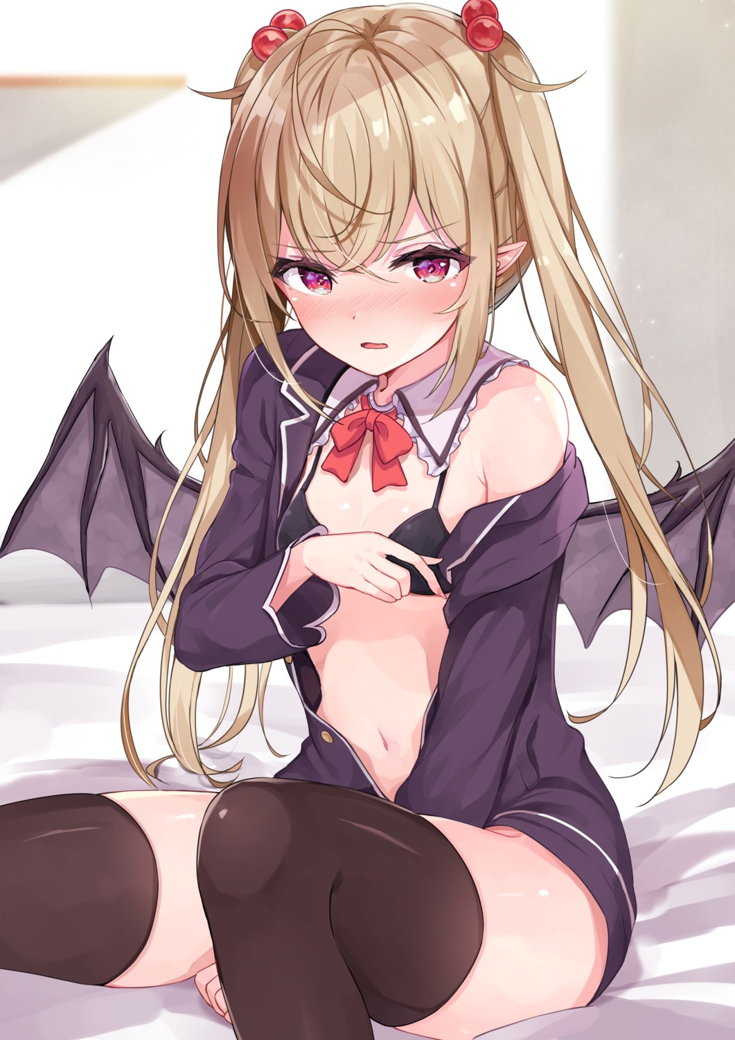 bra breast_hold open_shirt pointy_ears racchi. seifuku thighhighs wings