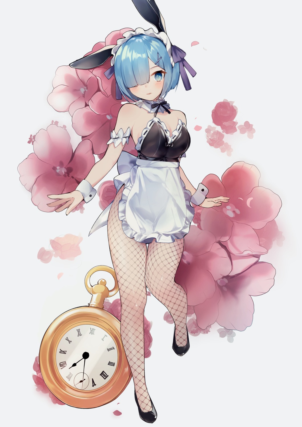 animal_ears bunny_ears bunny_girl fishnets maid no_bra pantyhose re_zero_kara_hajimeru_isekai_seikatsu rem_(re_zero) xoaiu