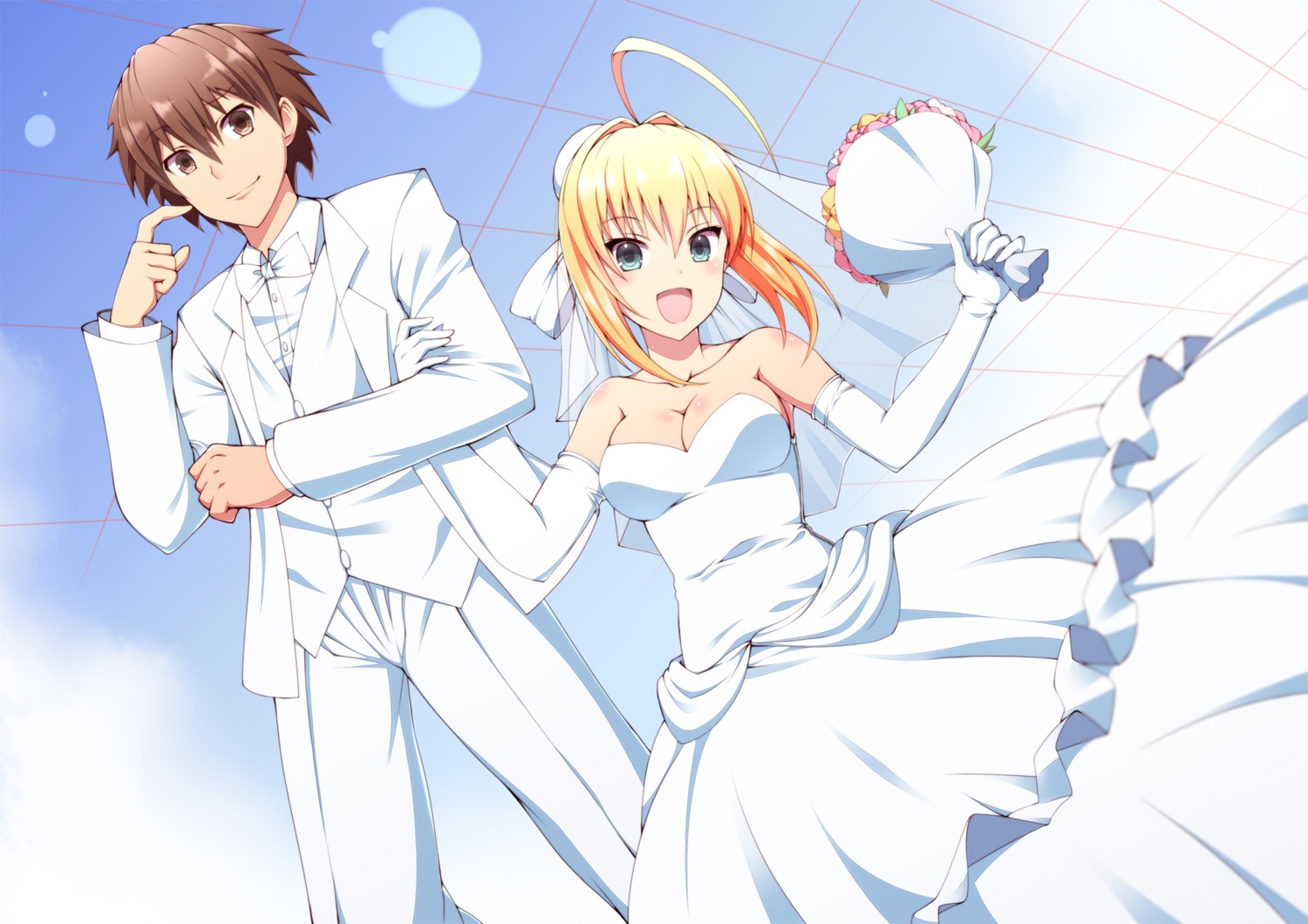 cleavage dress fate/extra fate/stay_night kishinami_hakuno male_protagonist_(fate/extra) ookami_maito saber_extra wedding_dress