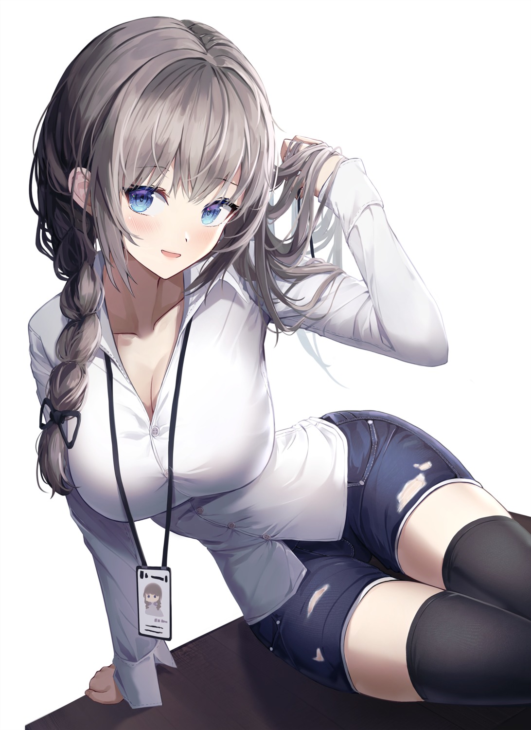 cleavage dress_shirt open_shirt seero thighhighs torn_clothes