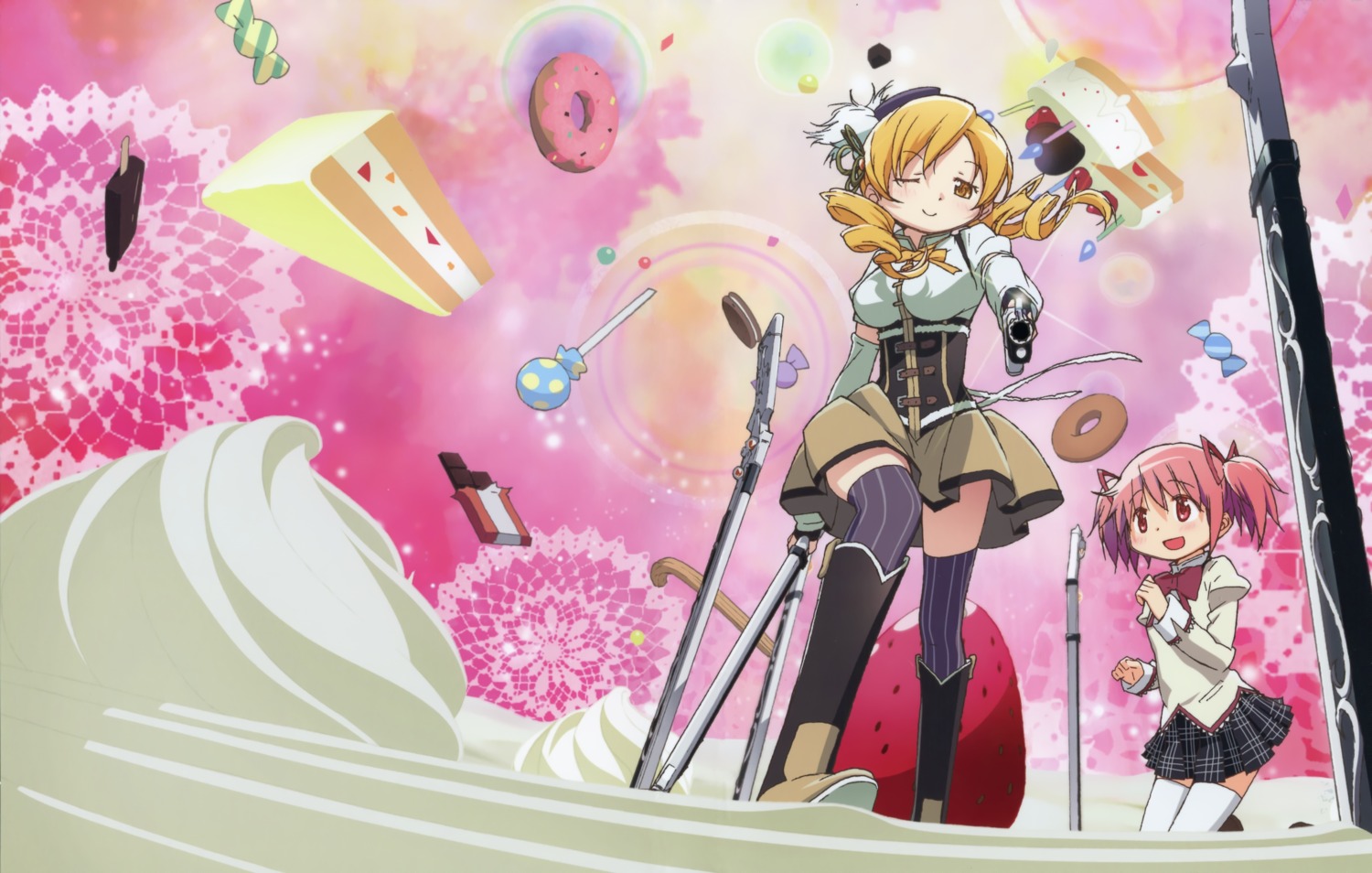 disc_cover gun kaname_madoka kishida_takahiro puella_magi_madoka_magica seifuku thighhighs tomoe_mami