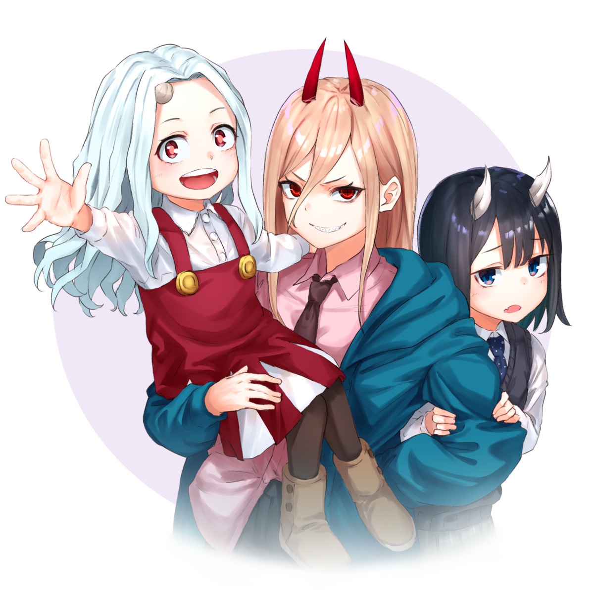 aoki_ruri boku_no_hero_academia chainsaw_man crossover dress eri_(boku_no_hero_academia) horns m.tokotsu power_(chainsaw_man) ruri_dragon seifuku sweater