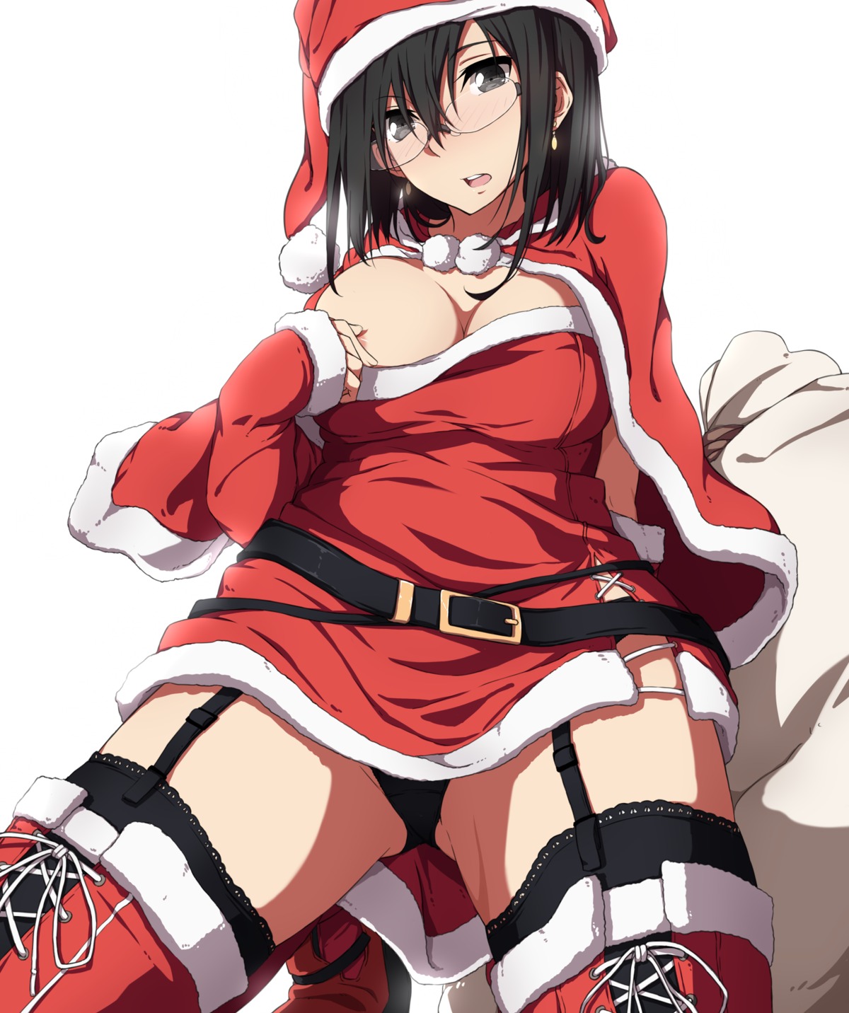 areola breasts christmas dress megane nagioka no_bra open_shirt pantsu stockings thighhighs