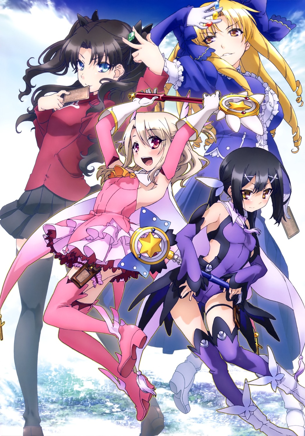 fate/kaleid_liner_prisma_illya fate/stay_night garter heels illyasviel_von_einzbern luviagelita_edelfelt miyu_edelfelt thighhighs toosaka_rin weapon