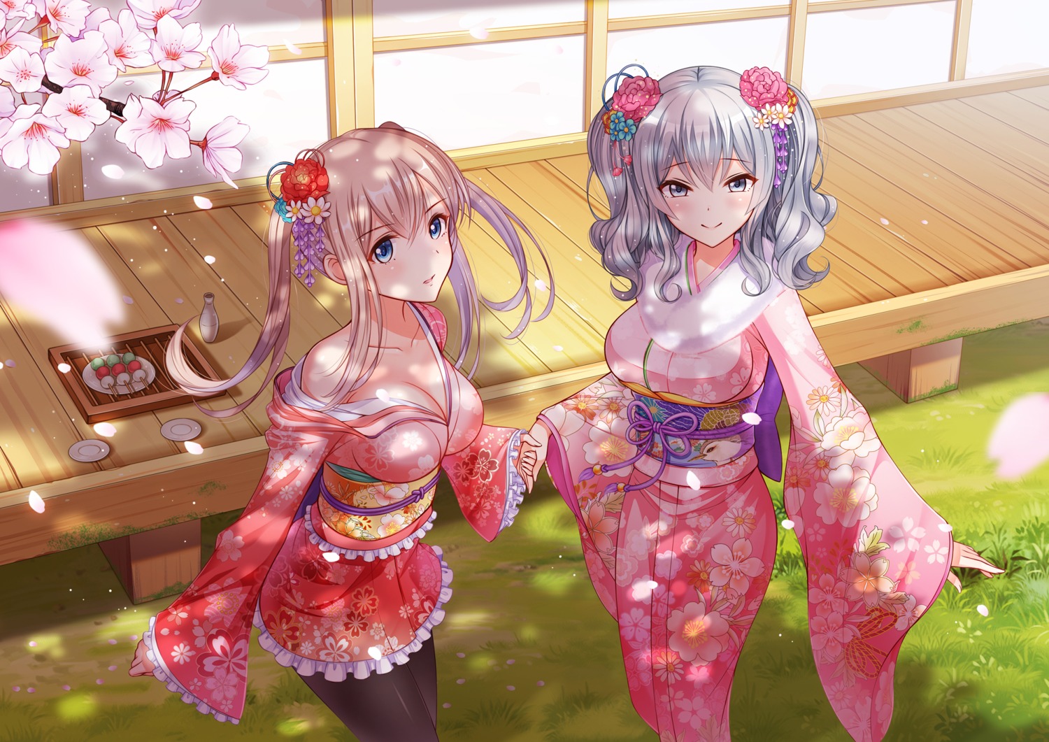 cleavage graf_zeppelin_(kancolle) kantai_collection kashima_(kancolle) kimono lolita_fashion ltt_challenger no_bra open_shirt pantyhose sake wa_lolita yukata