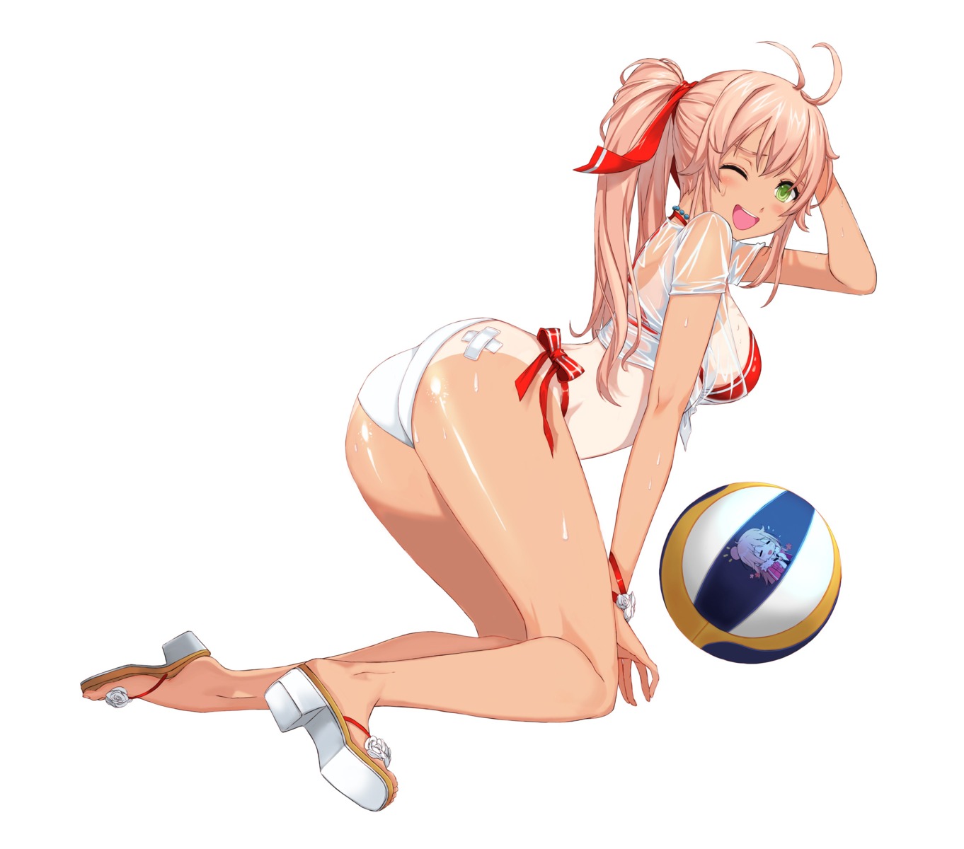 ass bandaid bikini closers heels open_shirt see_through swimsuits tagme tan_lines wet_clothes