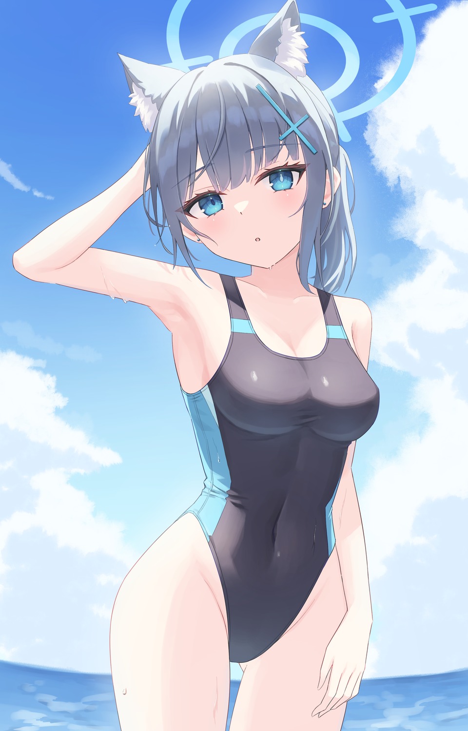 animal_ears blue_archive halo hitsuji_(myn_mei) nekomimi sunaookami_shiroko swimsuits