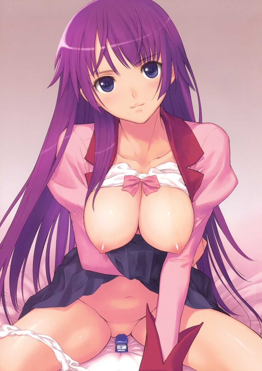 bakemonogatari bra breasts monogatari_(series) nipples pantsu panty_pull seifuku senjougahara_hitagi skirt_lift tony_taka