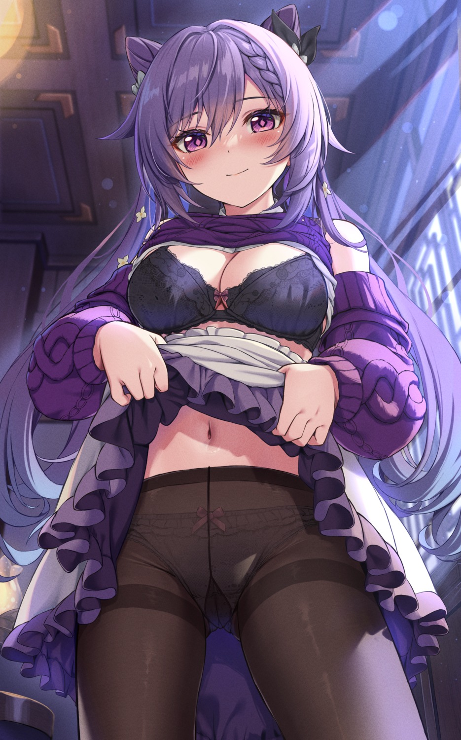 bra cameltoe genshin_impact keqing pantsu pantyhose ponnyu12 shirt_lift skirt_lift sweater