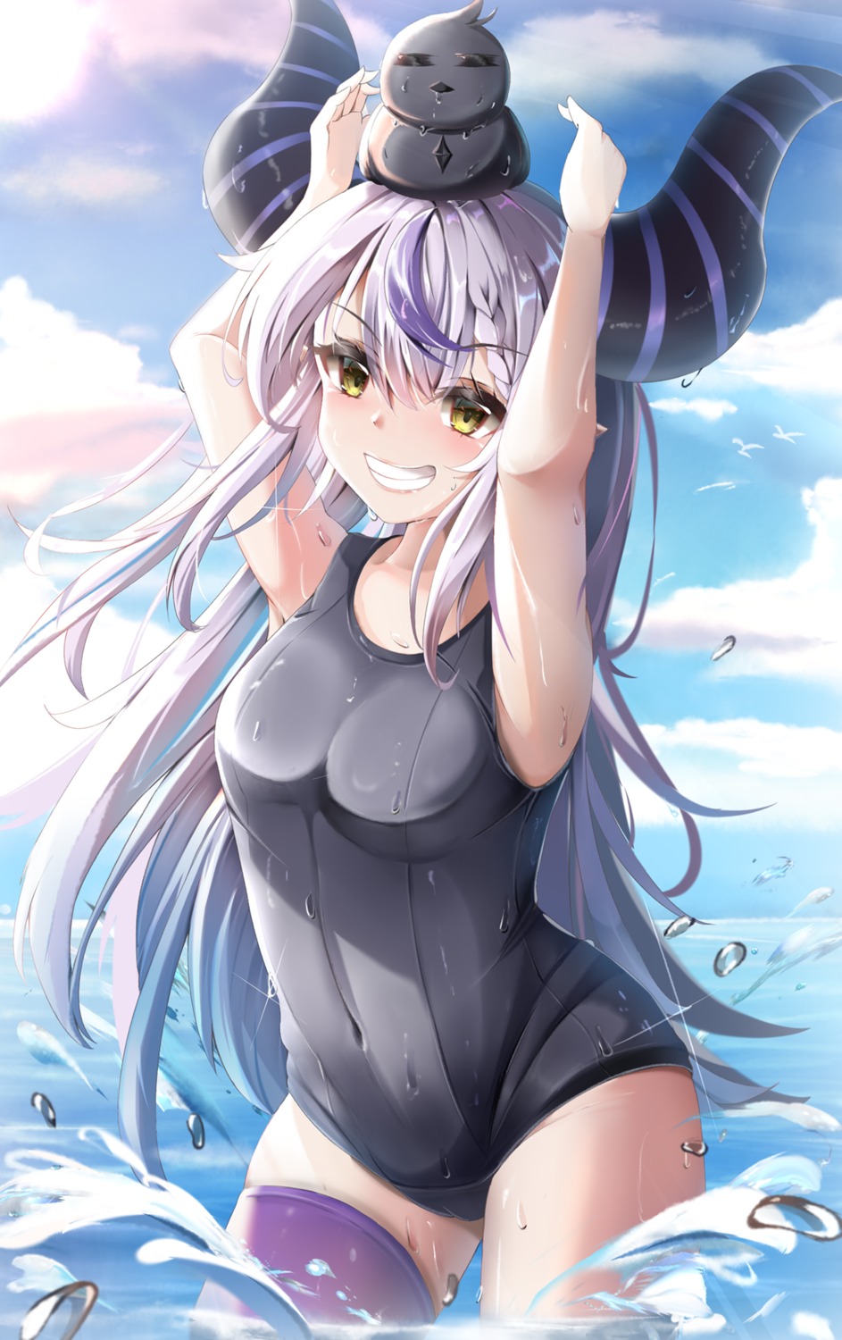 hololive horns la+_darknesss loli mctom pointy_ears school_swimsuit swimsuits thighhighs wet