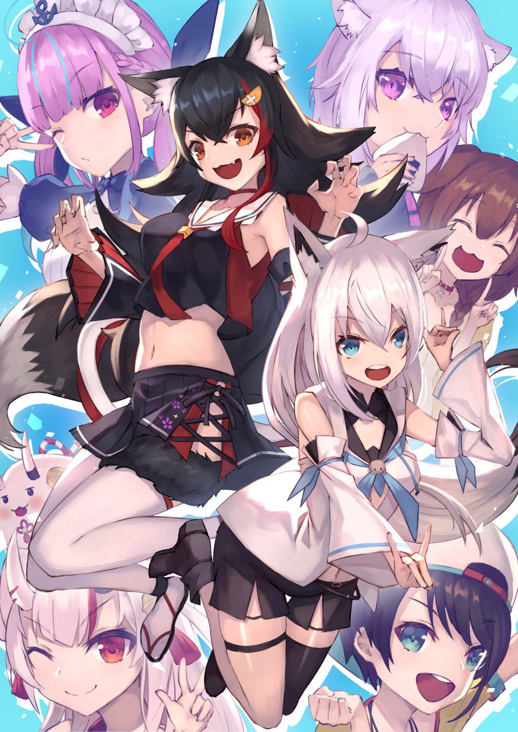 animal_ears garter heels hololive hololive_gamers horns inugami_korone inumimi kitsune maid masaki_(msk064) minato_aqua nakiri_ayame nekomata_okayu nekomimi ookami_mio oozora_subaru seifuku shirakami_fubuki tail thighhighs