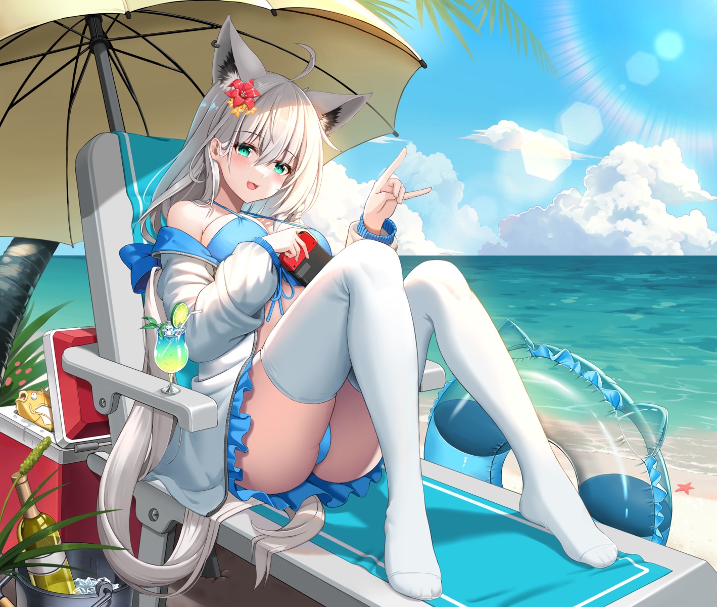 animal_ears bikini feet hololive hololive_gamers kitsune open_shirt shirakami_fubuki skirt_lift swimsuits thighhighs thong tun_chicken