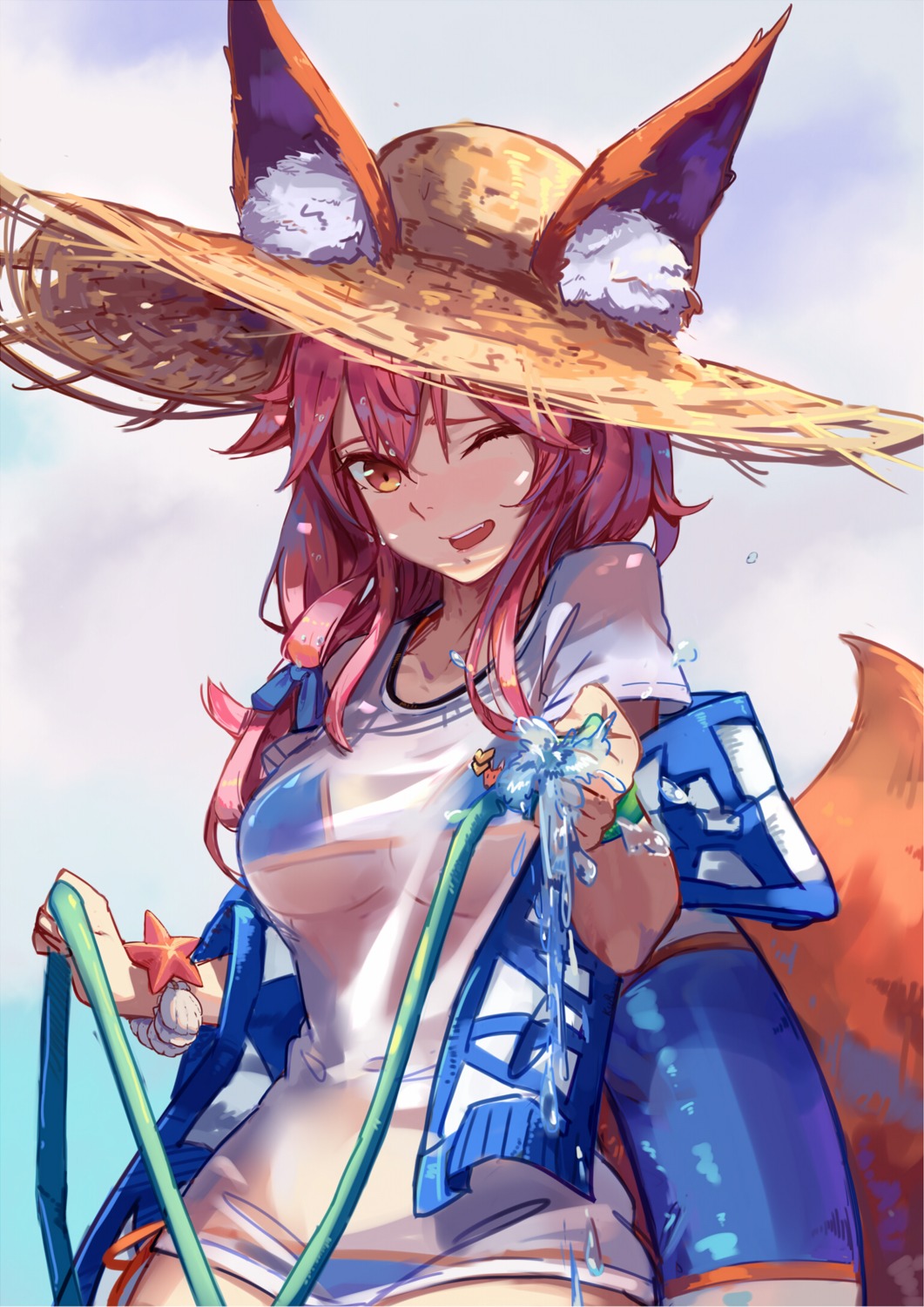 animal_ears bikini fate/extra fate/grand_order fate/stay_night hfp~kubiao see_through swimsuits tamamo_no_mae underboob wet_clothes