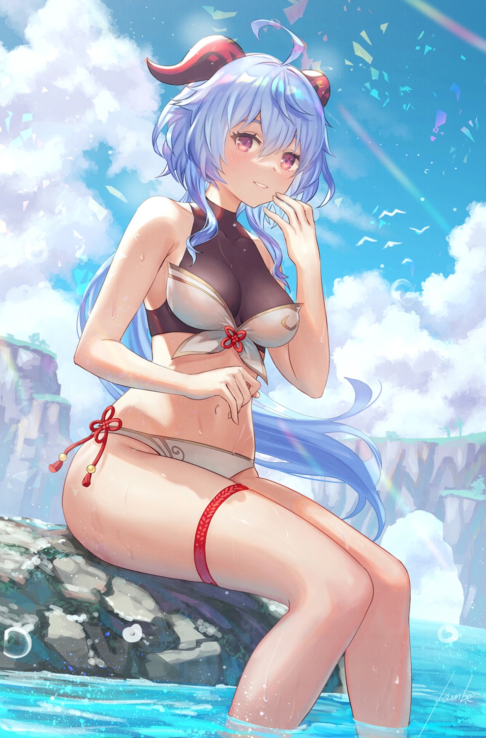 anbe_yoshirou bikini ganyu garter genshin_impact horns swimsuits wet