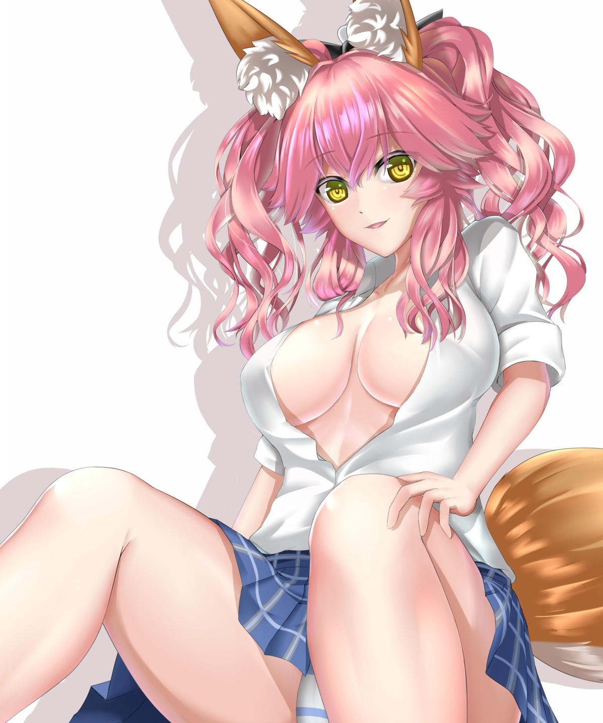 animal_ears fate/grand_order kamehito kitsune no_bra open_shirt pantsu seifuku shimapan skirt_lift tail tamamo_no_mae