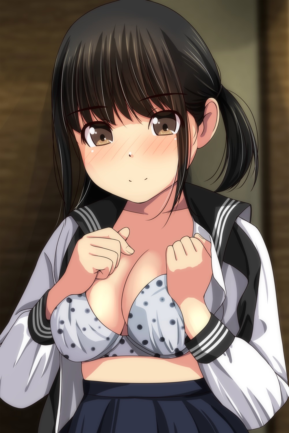 bra cleavage matsunaga_kouyou open_shirt seifuku