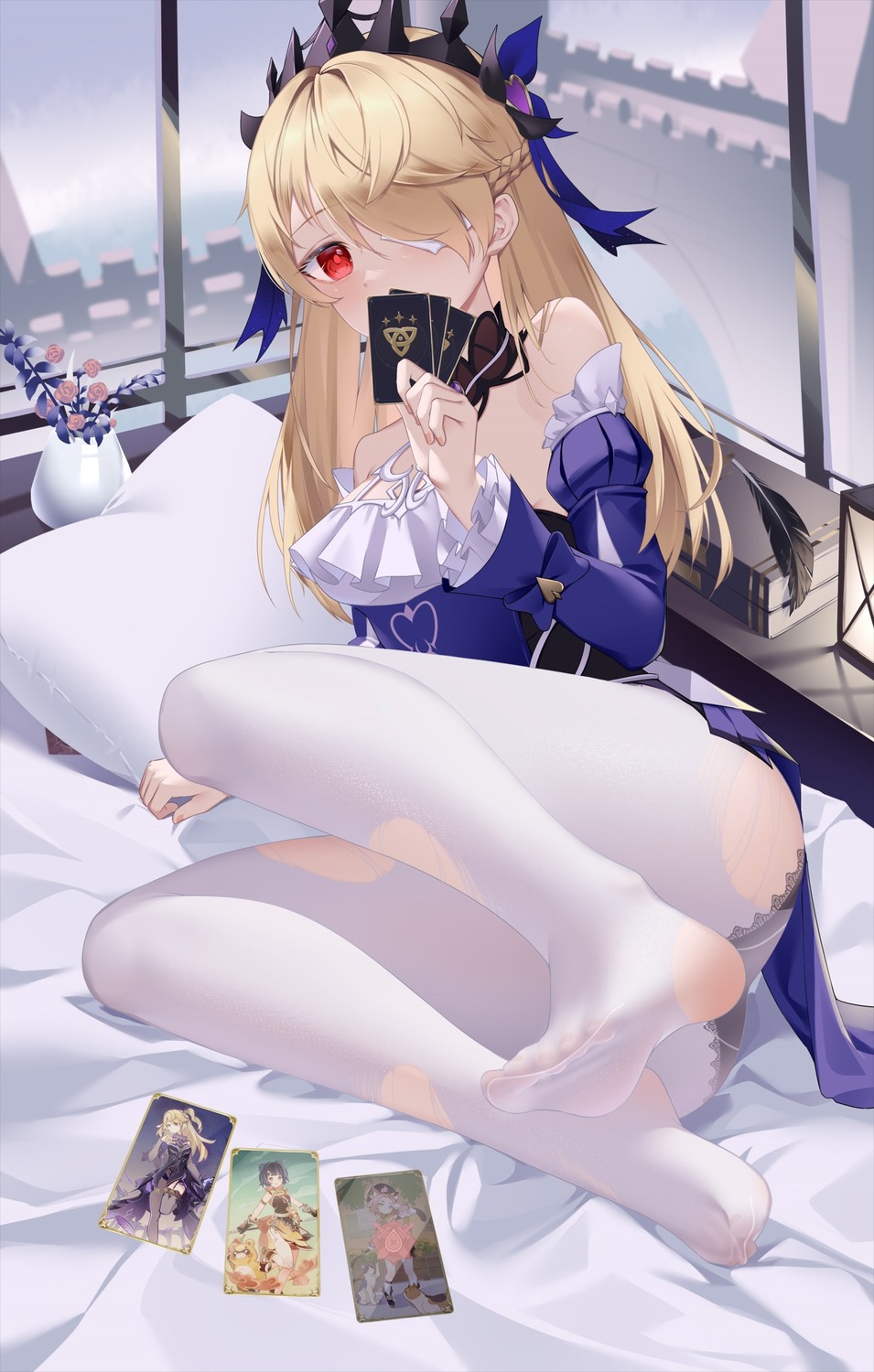 bingchuan_xian_yu_huang dress eyepatch feet fischl genshin_impact pantsu pantyhose torn_clothes