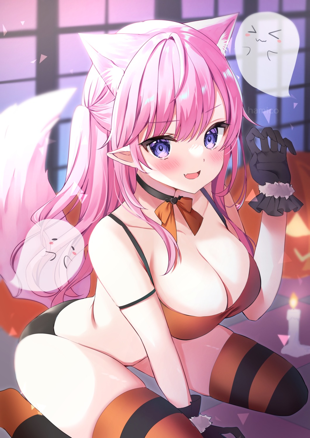 animal_ears bra halloween hamico nekomimi pantsu pointy_ears tail thighhighs